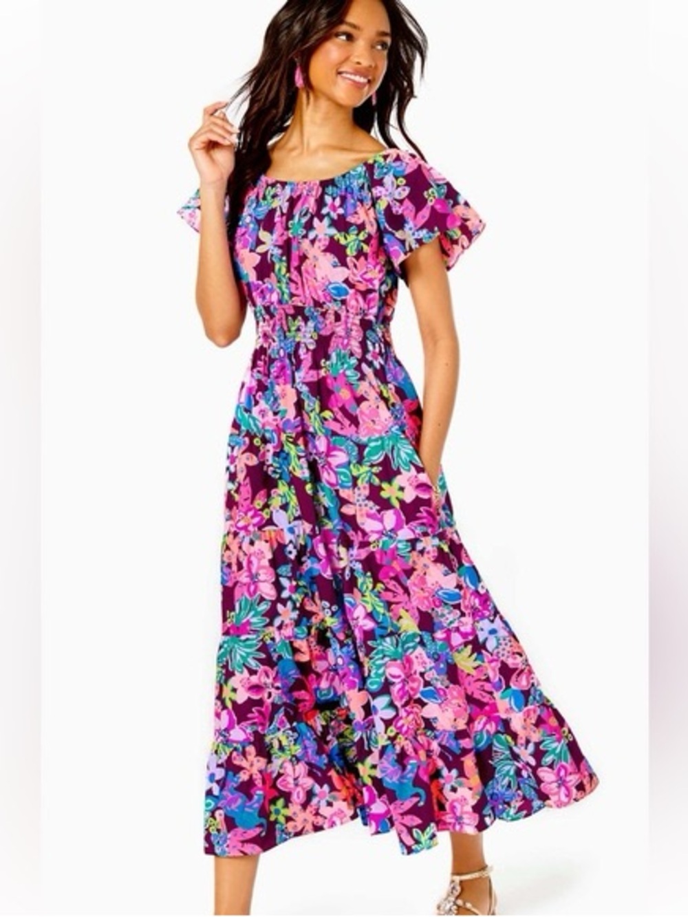 Lilly Pulitzer Vibrant Floral Off-Shoulder Maxi Dress in Purple and Pink